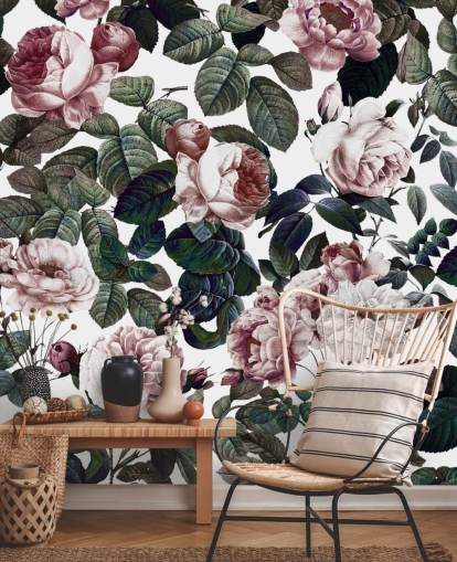 carta da parati rosa chiaro con rose e foglie verdi