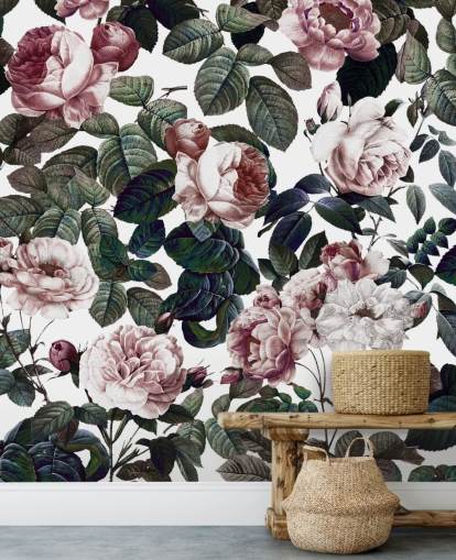papel pintado de rosas rosas claras y hojas verdes