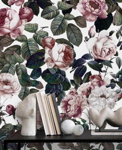 papier peint rose clair et feuilles vertes