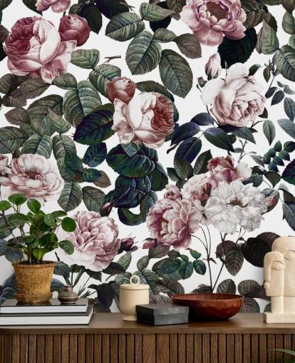 papel pintado de rosas rosas claras y hojas verdes