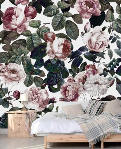 papier peint rose clair et feuilles vertes