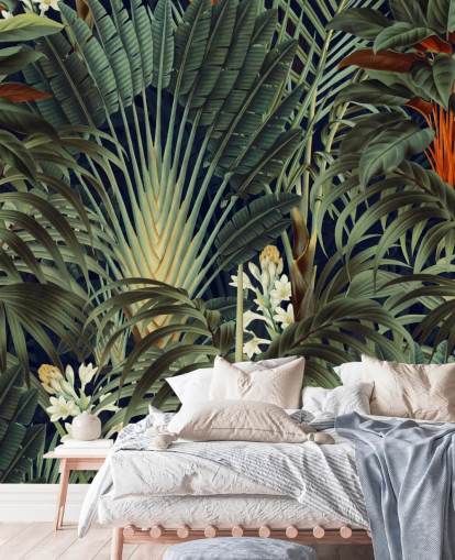 green palm leaves and orange floral jungle wallpaper mural called Palm Jungle by Burcu Korkmazyurek for bedrooms green palm leaves and orange floral jungle wallpaper mural called Palm Jungle by Burcu Korkmazyurek for bedrooms