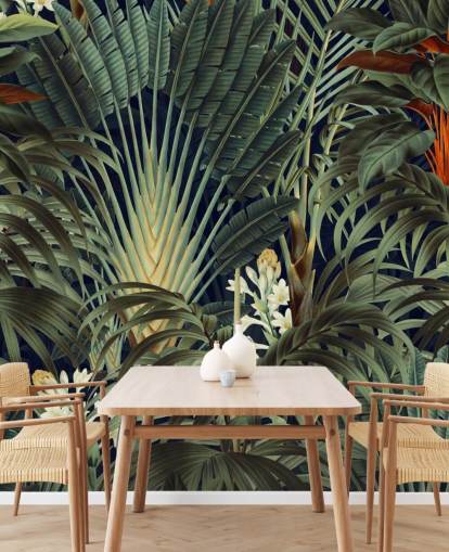 gröna palmblad och orange blommig djungel tapetväggmålning kallad Palm Jungle av Burcu Korkmazyurek för sovrum gröna palmblad och orange blommig djungel tapetväggmålning kallad Palm Jungle av Burcu Korkmazyurek för sovrum