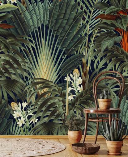 green palm leaves and orange floral jungle wallpaper mural called Palm Jungle by Burcu Korkmazyurek for bedrooms