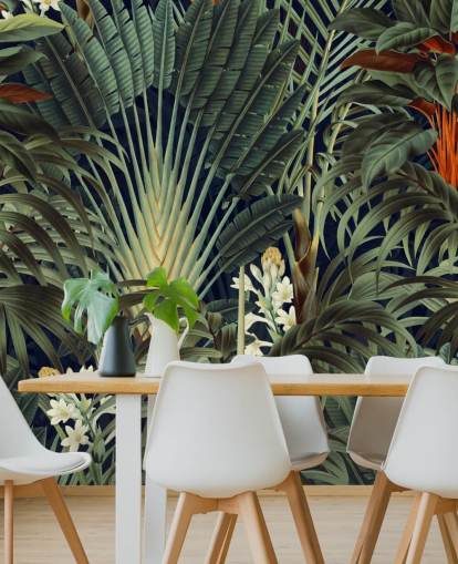 mural de papel de parede de folhas de palmeira verdes e selva floral laranja chamado Palm Jungle de Burcu Korkmazyurek para quartos mural de papel de parede de folhas de palmeira verdes e selva floral laranja chamado Palm Jungle de Burcu Korkmazyurek para quartos