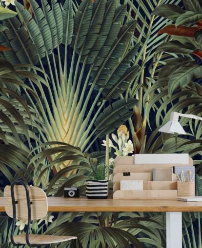 papier peint mural de feuilles de palmier vert et de jungle florale orange appelé Palm Jungle par Burcu Korkmazyurek pour les chambres