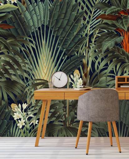 grønne palmeblader og oransje blomsterjungel tapetmaleri kalt Palm Jungle av Burcu Korkmazyurek for soverom grønne palmeblader og oransje blomsterjungel tapetmaleri kalt Palm Jungle av Burcu Korkmazyurek for soverom