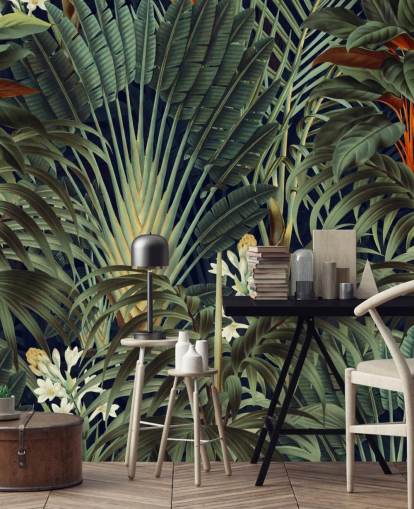 green palm leaves and orange floral jungle wallpaper mural called Palm Jungle by Burcu Korkmazyurek for bedrooms green palm leaves and orange floral jungle wallpaper mural called Palm Jungle by Burcu Korkmazyurek for bedrooms