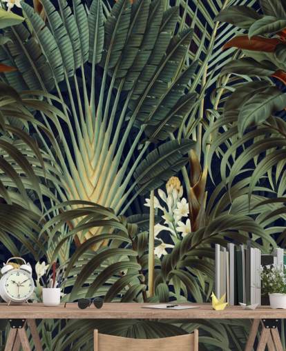 green palm leaves and orange floral jungle wallpaper mural called Palm Jungle by Burcu Korkmazyurek for bedrooms