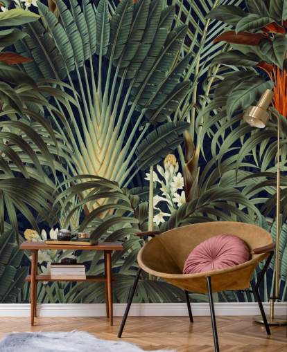 papier peint mural de feuilles de palmier vert et de jungle florale orange appelé Palm Jungle par Burcu Korkmazyurek pour les chambres