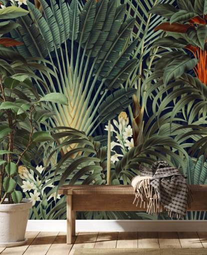 green palm leaves and orange floral jungle wallpaper mural called Palm Jungle by Burcu Korkmazyurek for bedrooms
