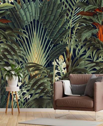 mural de papel de parede de folhas de palmeira verdes e selva floral laranja chamado Palm Jungle de Burcu Korkmazyurek para quartos