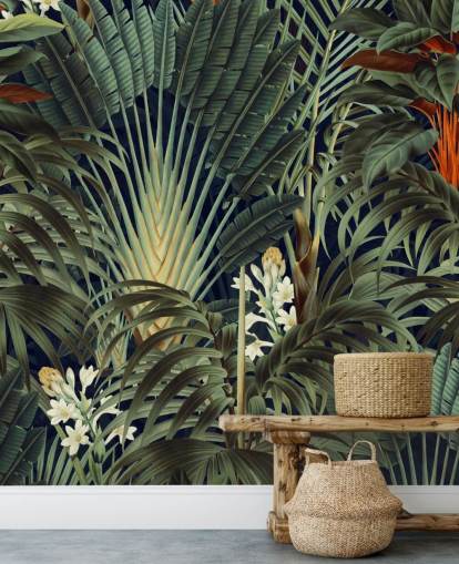 green palm leaves and orange floral jungle wallpaper mural called Palm Jungle by Burcu Korkmazyurek for bedrooms