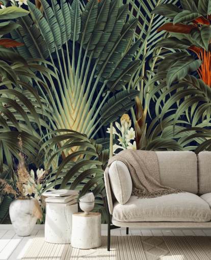 gröna palmblad och orange blommig djungel tapetväggmålning kallad Palm Jungle av Burcu Korkmazyurek för sovrum gröna palmblad och orange blommig djungel tapetväggmålning kallad Palm Jungle av Burcu Korkmazyurek för sovrum