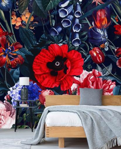 rood en blauw bloemenbehang