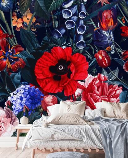 red and blue floral wallpaper