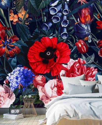 rood en blauw bloemenbehang