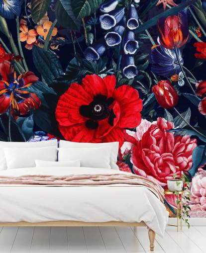 papel de parede floral vermelho e azul