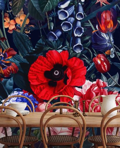 red and blue floral wallpaper