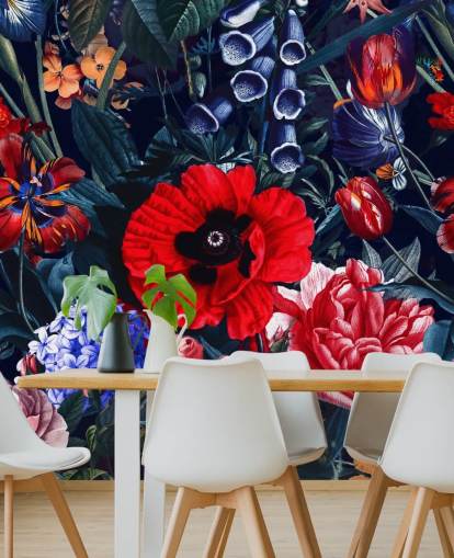 papel de parede floral vermelho e azul