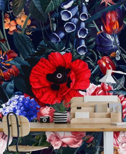 red and blue floral wallpaper