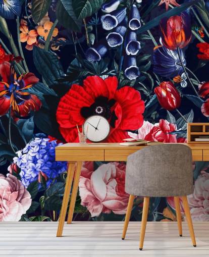 papier peint fleuri rouge et bleu