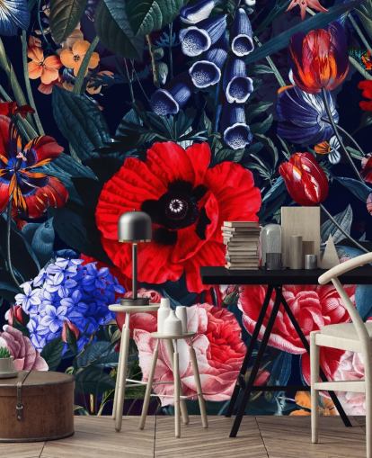 punainen ja sininen kukkatapetit