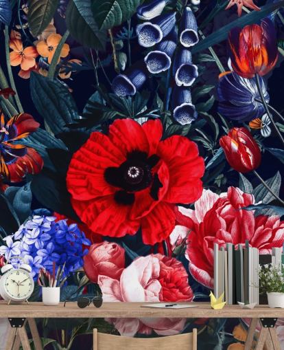 rood en blauw bloemenbehang