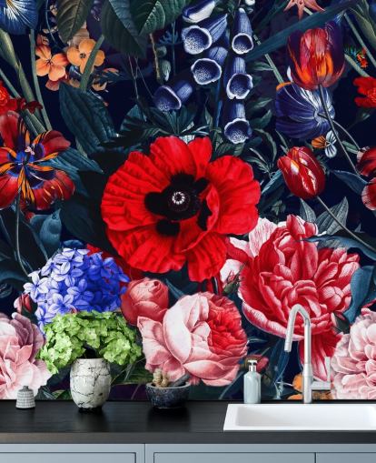 red and blue floral wallpaper