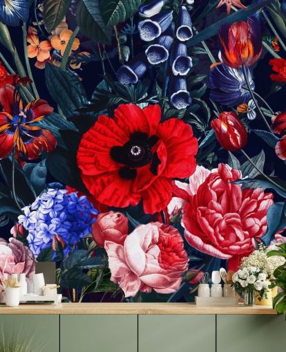 papier peint fleuri rouge et bleu