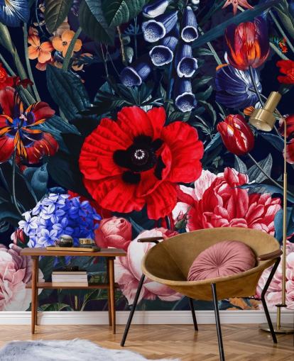 papel de parede floral vermelho e azul