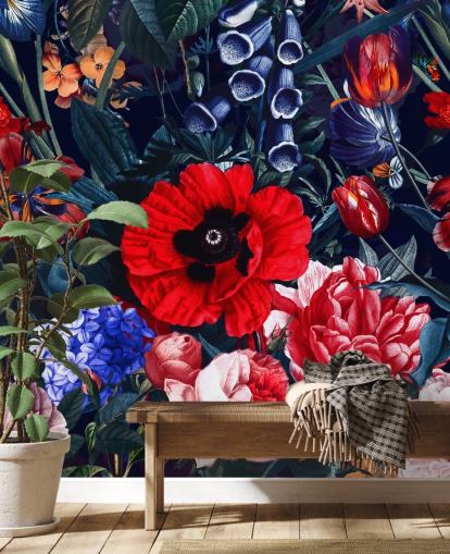 rood en blauw bloemenbehang rood en blauw bloemenbehang