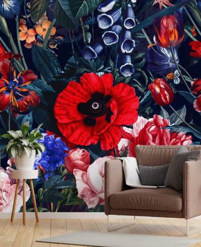 red and blue floral wallpaper
