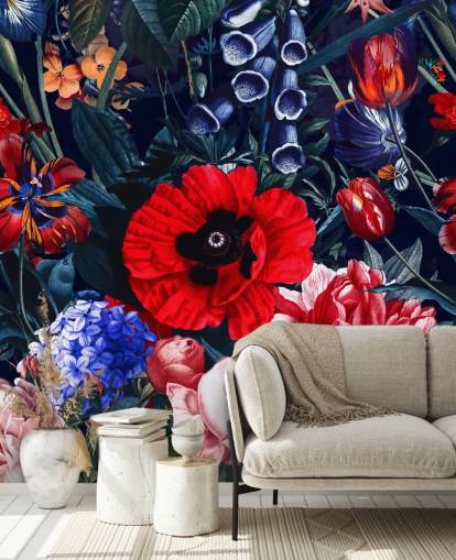 red and blue floral wallpaper