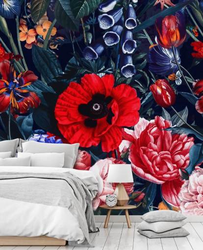 red and blue floral wallpaper