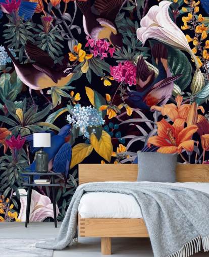 kleurrijke bloemen en zingende vogels behang kleurrijke bloemen en zingende vogels behang