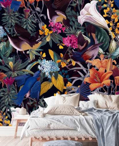 colourful flowers and singing birds wallpaper