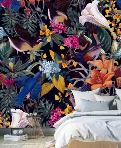 papel pintado de flores y pájaros cantores de