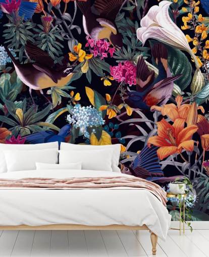 bunte Blumen und singende Vögel Wallpaper