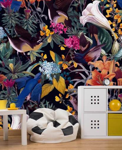 fleurs colorées et oiseaux chanteurs papier peint