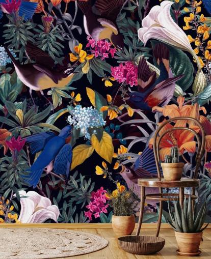 kleurrijke bloemen en zingende vogels behang