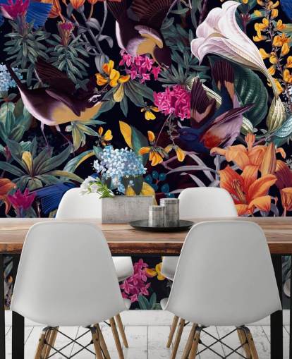 papel pintado de flores y pájaros cantores de