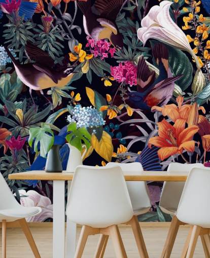 colourful flowers and singing birds wallpaper