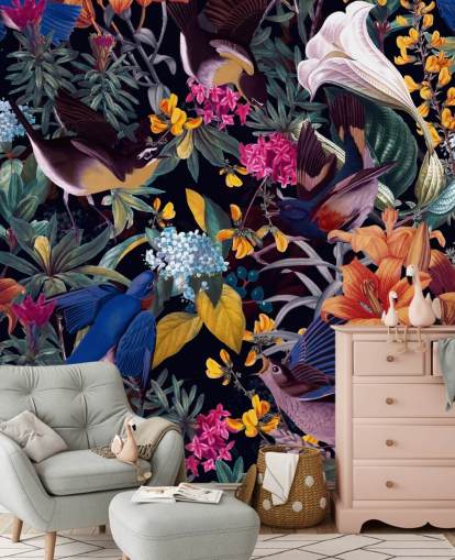 bunte Blumen und singende Vögel Wallpaper