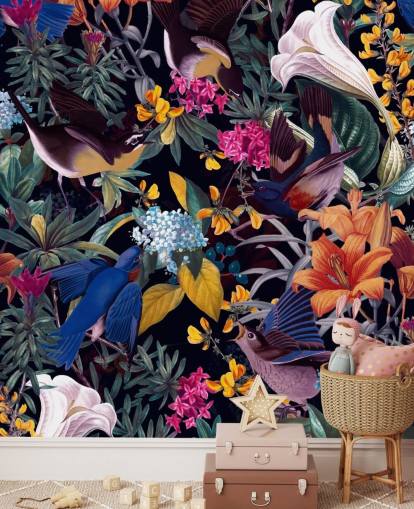 fargerike blomster og sangfugler tapet