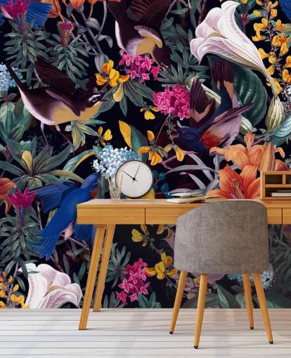 colourful flowers and singing birds wallpaper