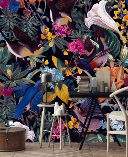 fleurs colorées et oiseaux chanteurs papier peint