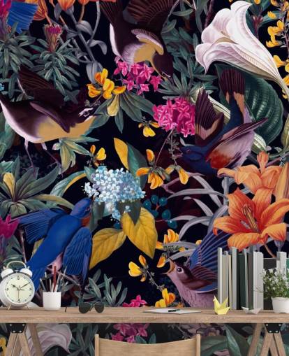 bunte Blumen und singende Vögel Wallpaper