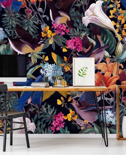 bunte Blumen und singende Vögel Wallpaper