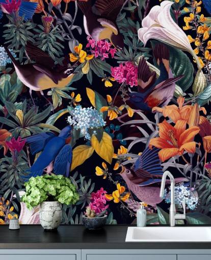 colourful flowers and singing birds wallpaper